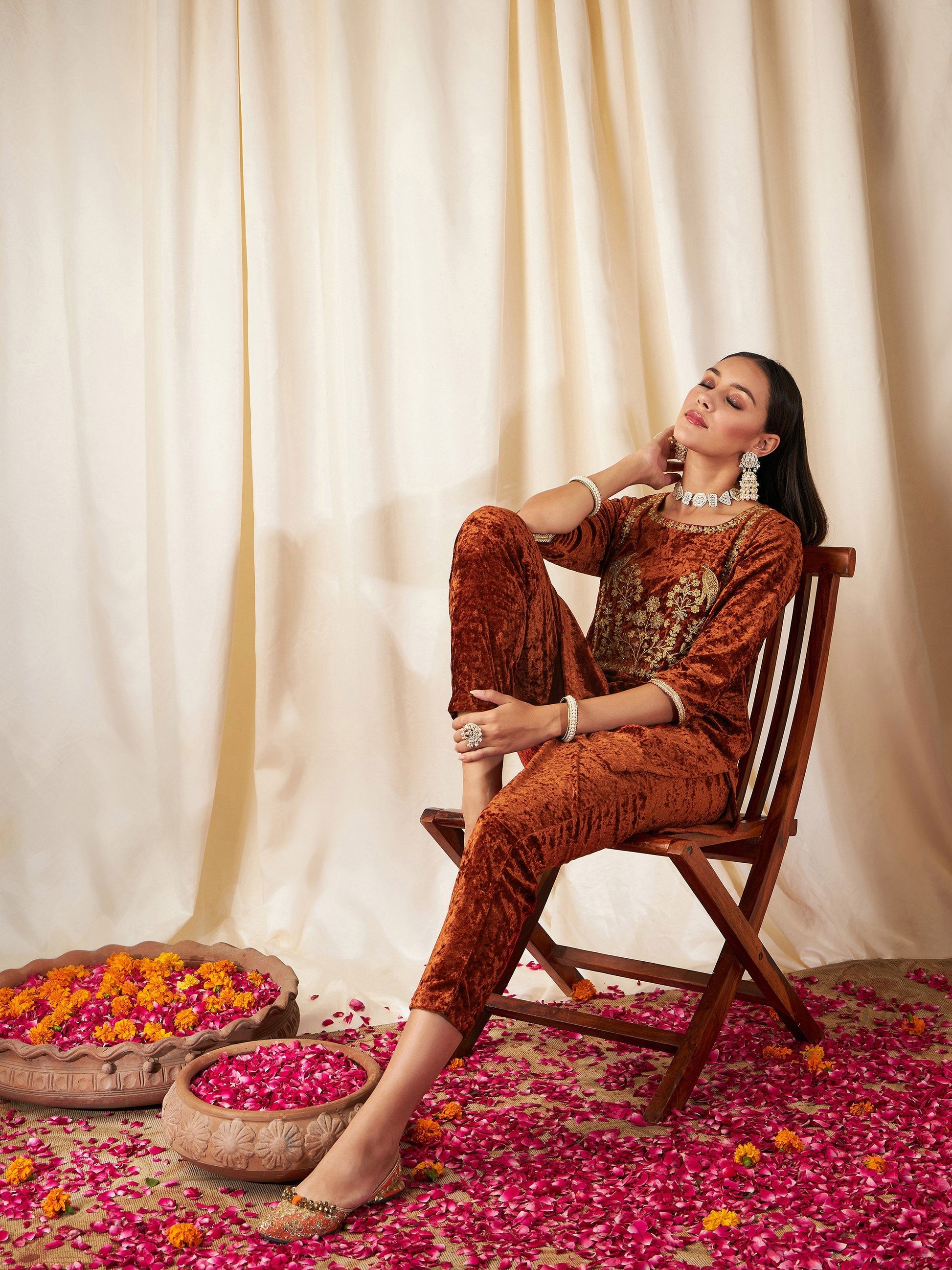 Rust Velvet Embroidered Yoke Short Kurta With Pants-Shae by SASSAFRAS
