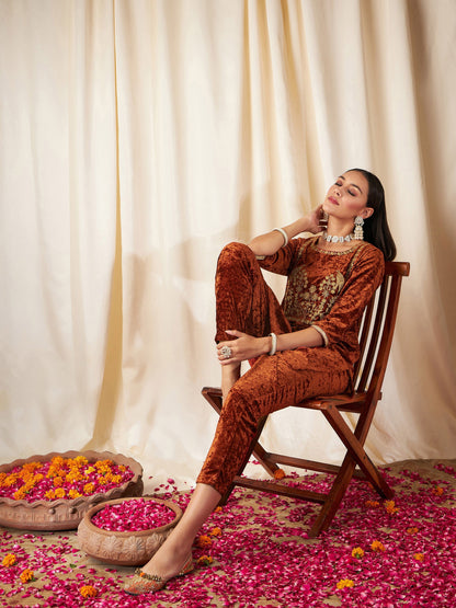 Rust Velvet Embroidered Yoke Short Kurta With Pants-Shae by SASSAFRAS