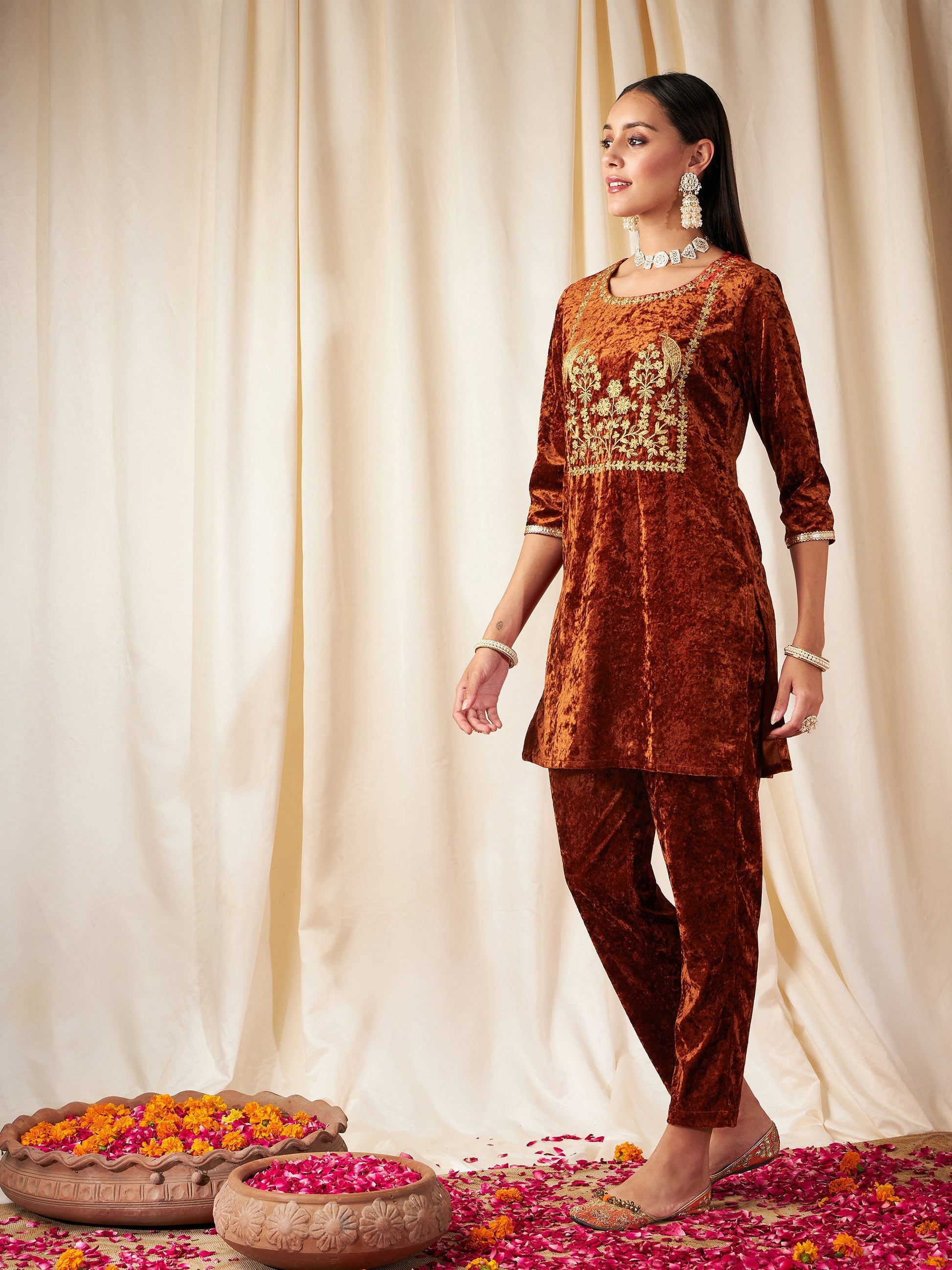 Rust Velvet Embroidered Yoke Short Kurta With Pants-Shae by SASSAFRAS