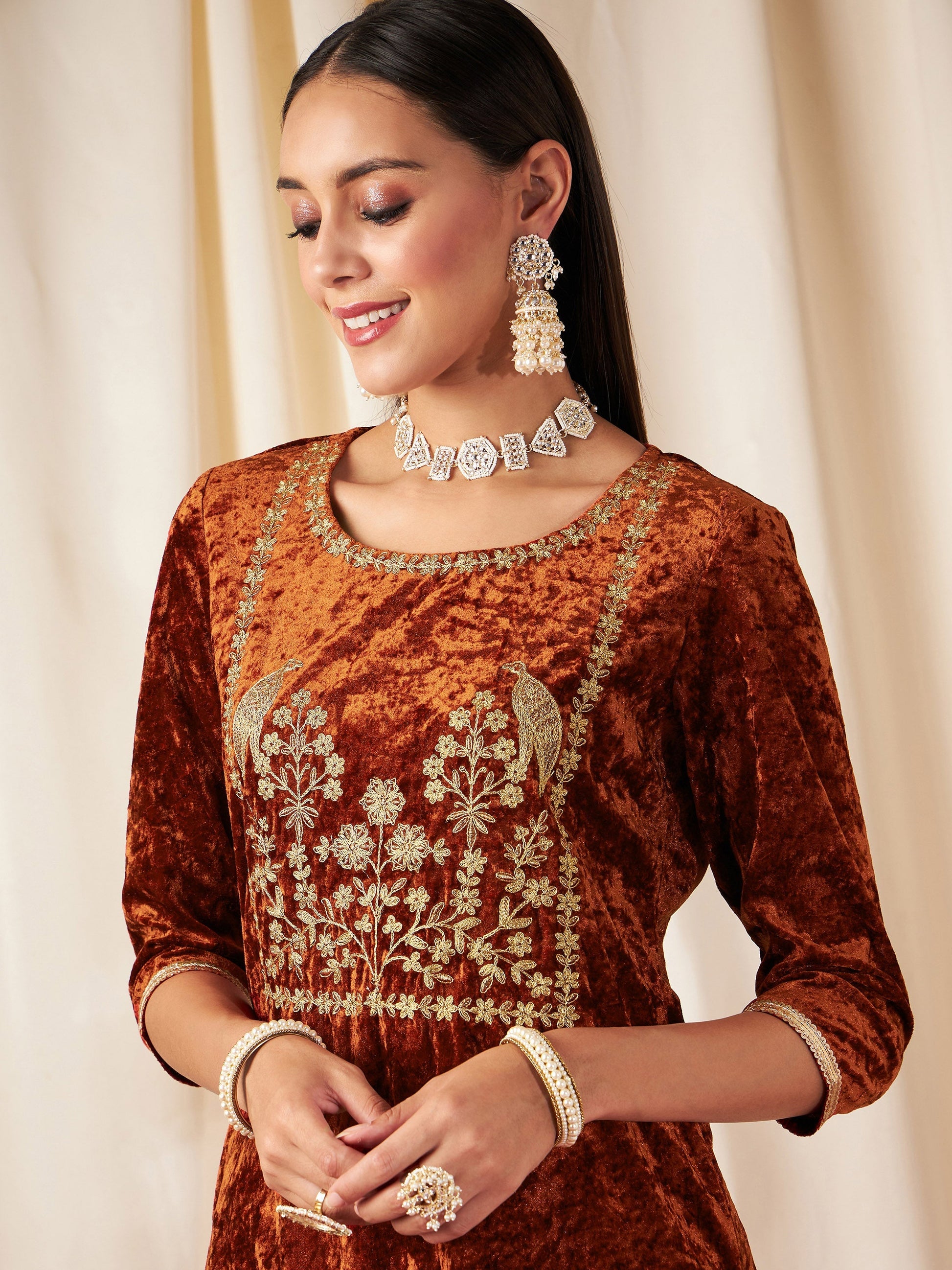 Rust Velvet Embroidered Yoke Short Kurta With Pants-Shae by SASSAFRAS