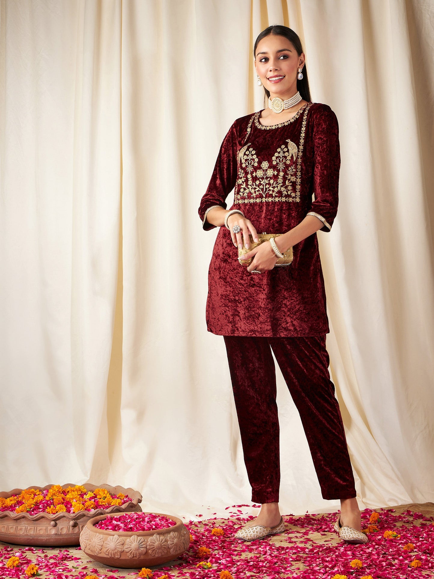 Maroon Velvet Embroidered Yoke Short Kurta With Pants-Shae by SASSAFRAS