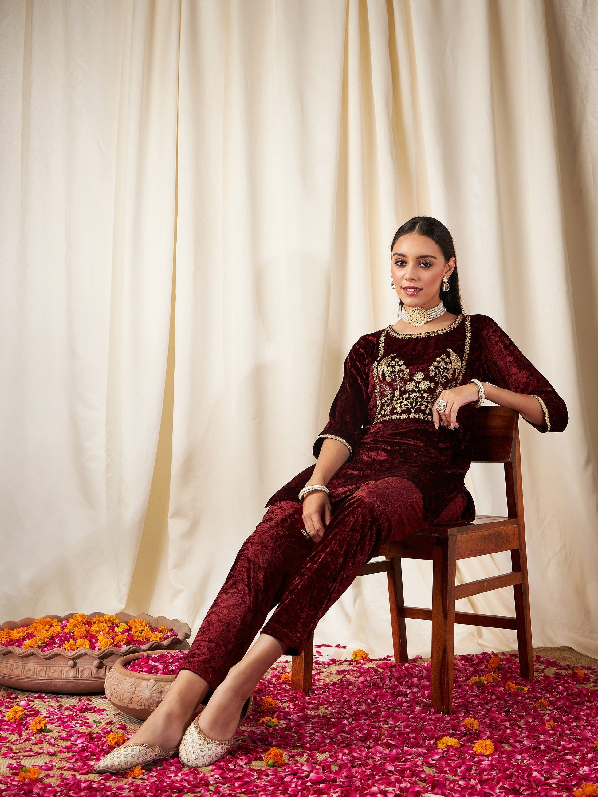 Maroon Velvet Embroidered Yoke Short Kurta With Pants-Shae by SASSAFRAS