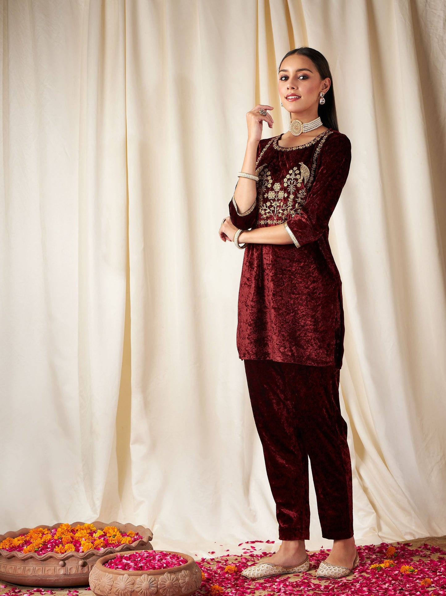 Maroon Velvet Embroidered Yoke Short Kurta With Pants-Shae by SASSAFRAS