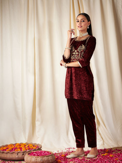 Maroon Velvet Embroidered Yoke Short Kurta With Pants-Shae by SASSAFRAS