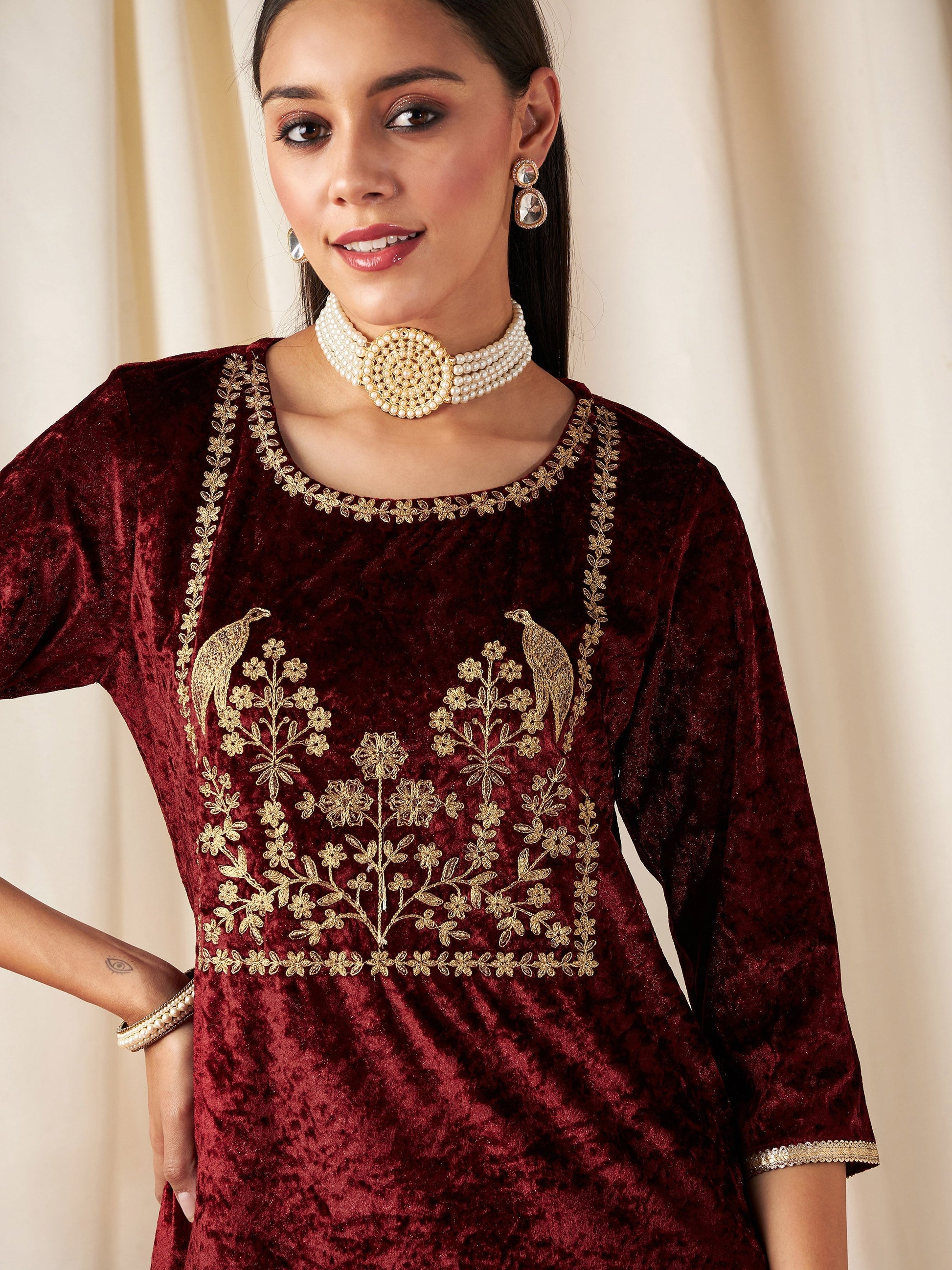 Maroon Velvet Embroidered Yoke Short Kurta With Pants-Shae by SASSAFRAS