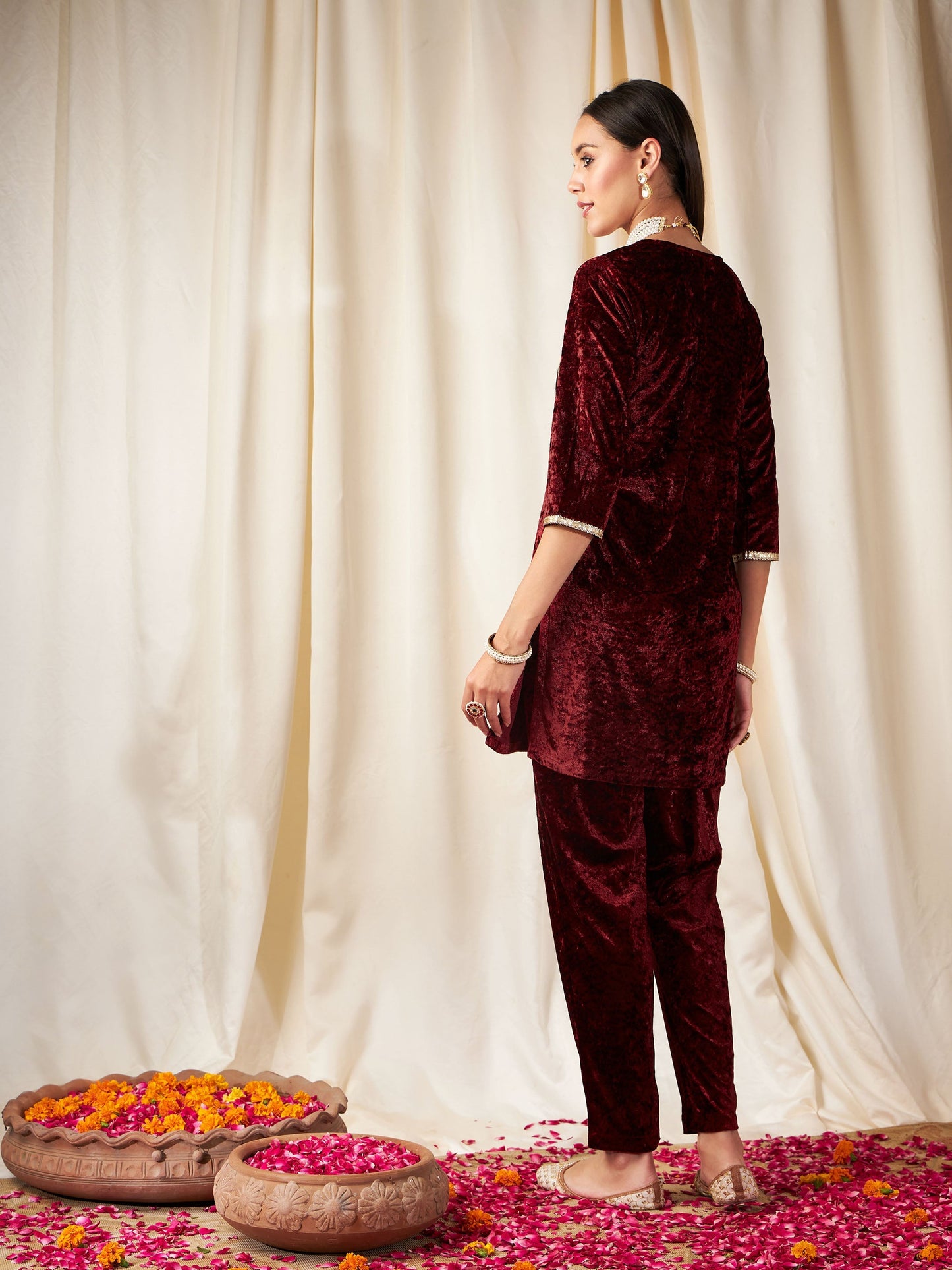 Maroon Velvet Embroidered Yoke Short Kurta With Pants-Shae by SASSAFRAS