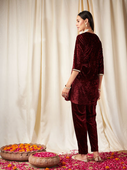 Maroon Velvet Embroidered Yoke Short Kurta With Pants-Shae by SASSAFRAS