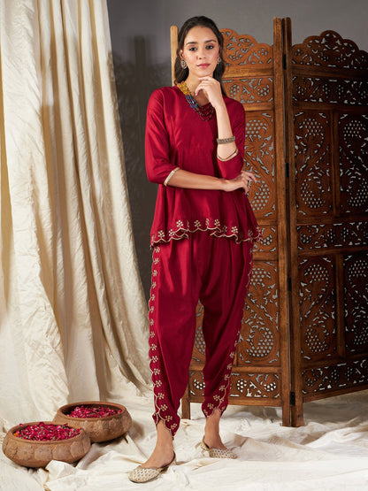 Maroon Zari Embroidered Peplum Top With Dhoti Pants
