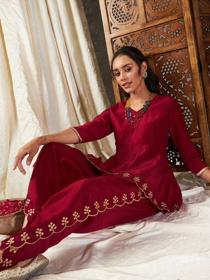 Maroon Zari Embroidered Peplum Top With Dhoti Pants