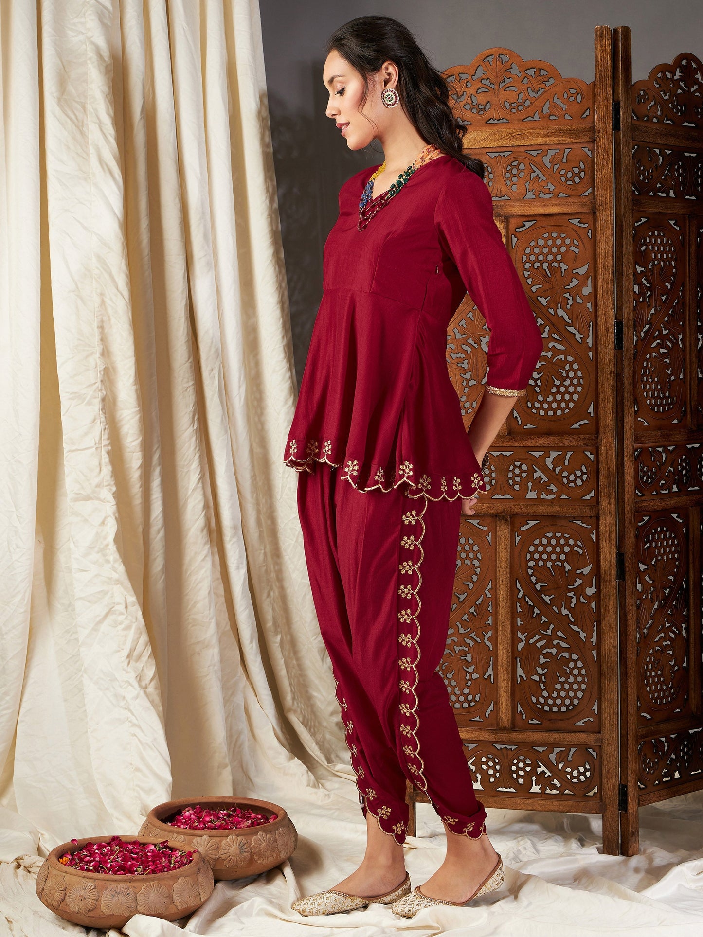 Maroon Zari Embroidered Peplum Top With Dhoti Pants