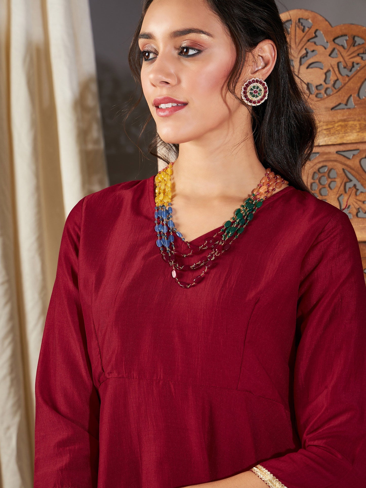 Maroon Zari Embroidered Peplum Top With Dhoti Pants
