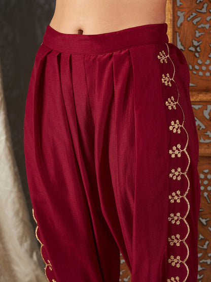 Maroon Zari Embroidered Peplum Top With Dhoti Pants