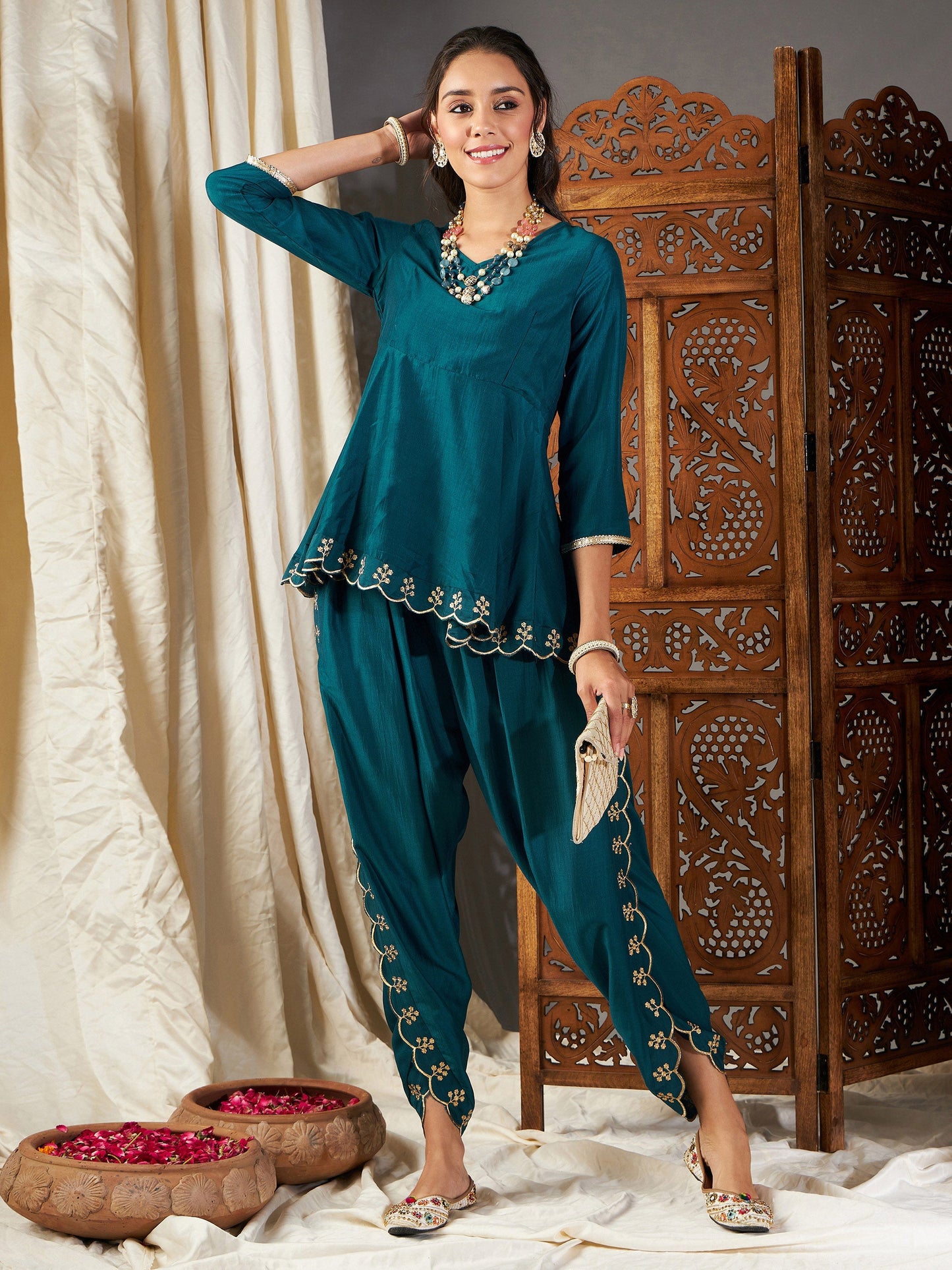 Teal Zari Embroidered Peplum Top With Dhoti Pants