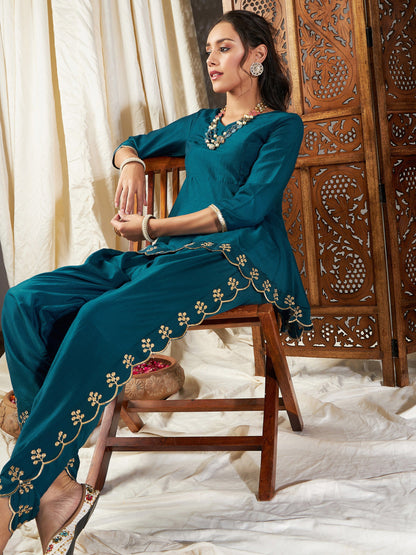 Teal Zari Embroidered Peplum Top With Dhoti Pants