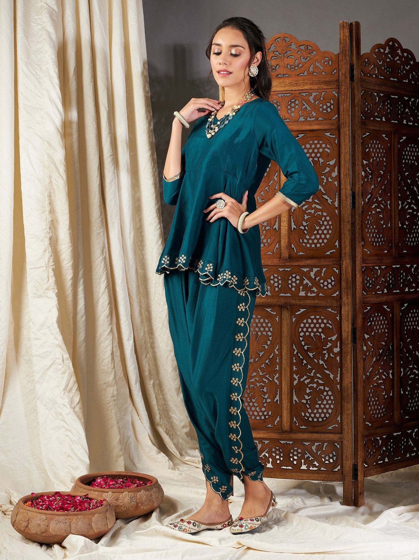 Teal Zari Embroidered Peplum Top With Dhoti Pants