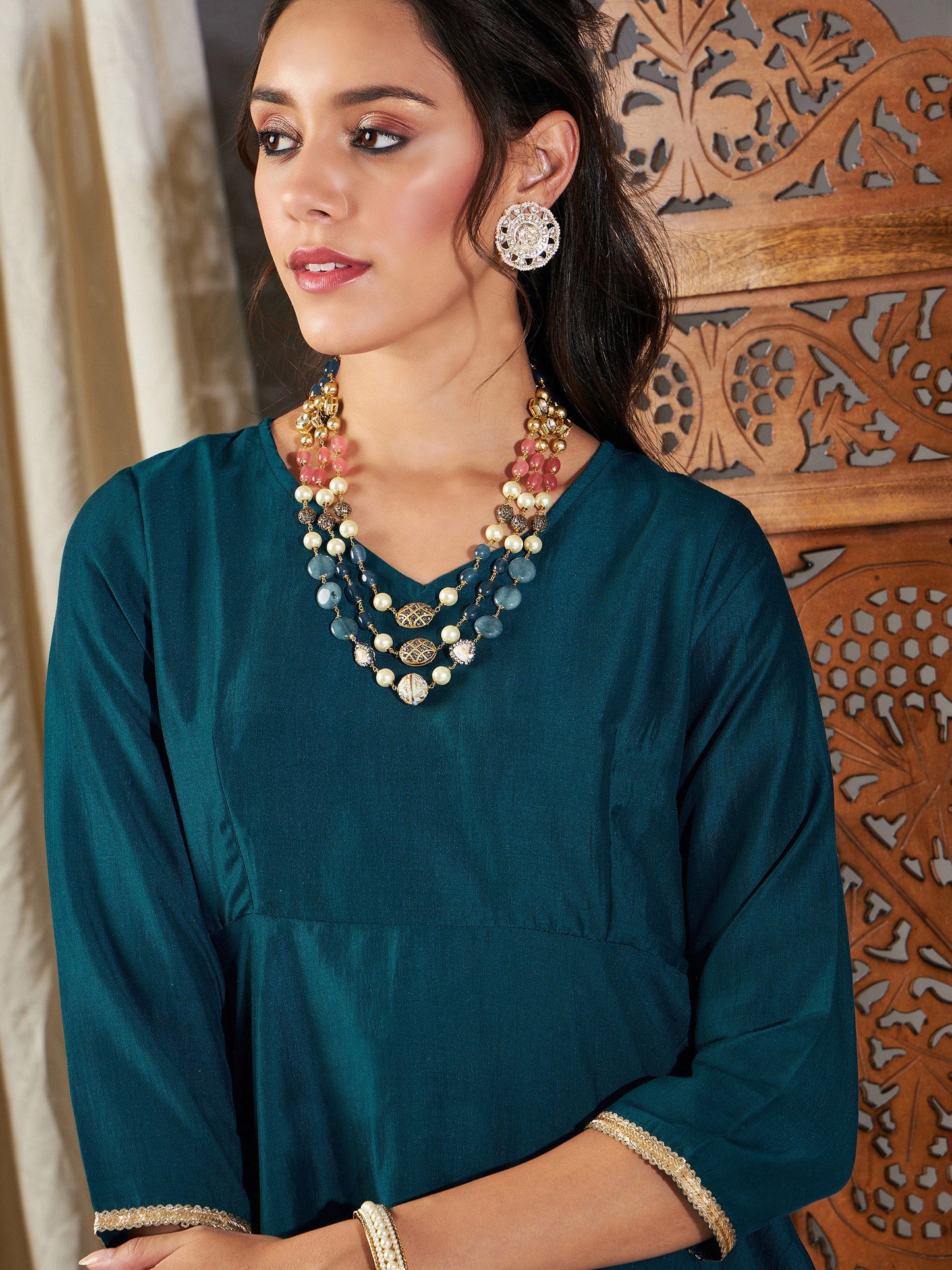 Teal Zari Embroidered Peplum Top With Dhoti Pants