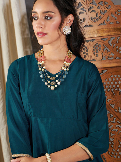 Teal Zari Embroidered Peplum Top With Dhoti Pants