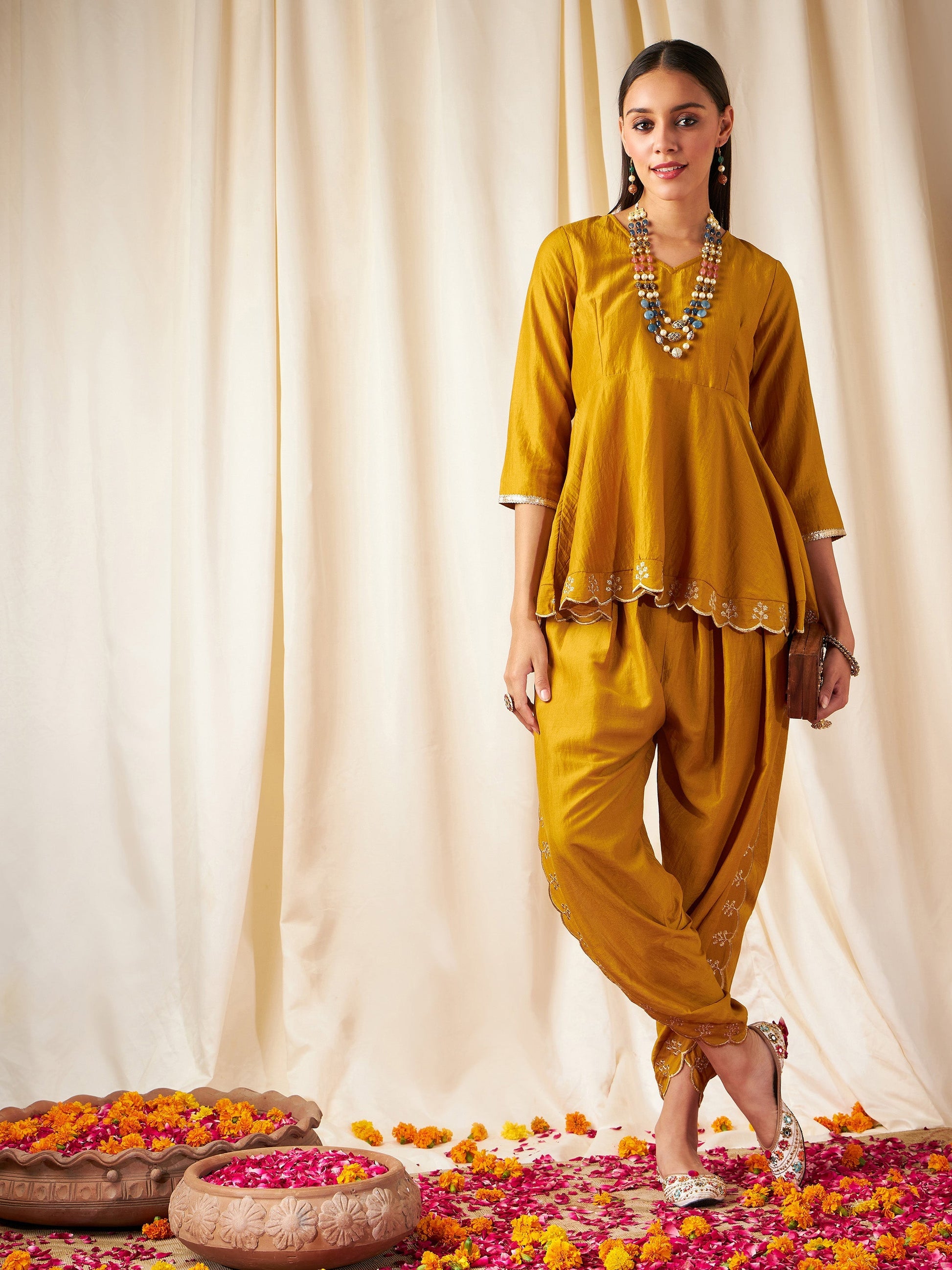 Mustard Zari Embroidered Peplum Top With Dhoti Pants-Shae by SASSAFRAS