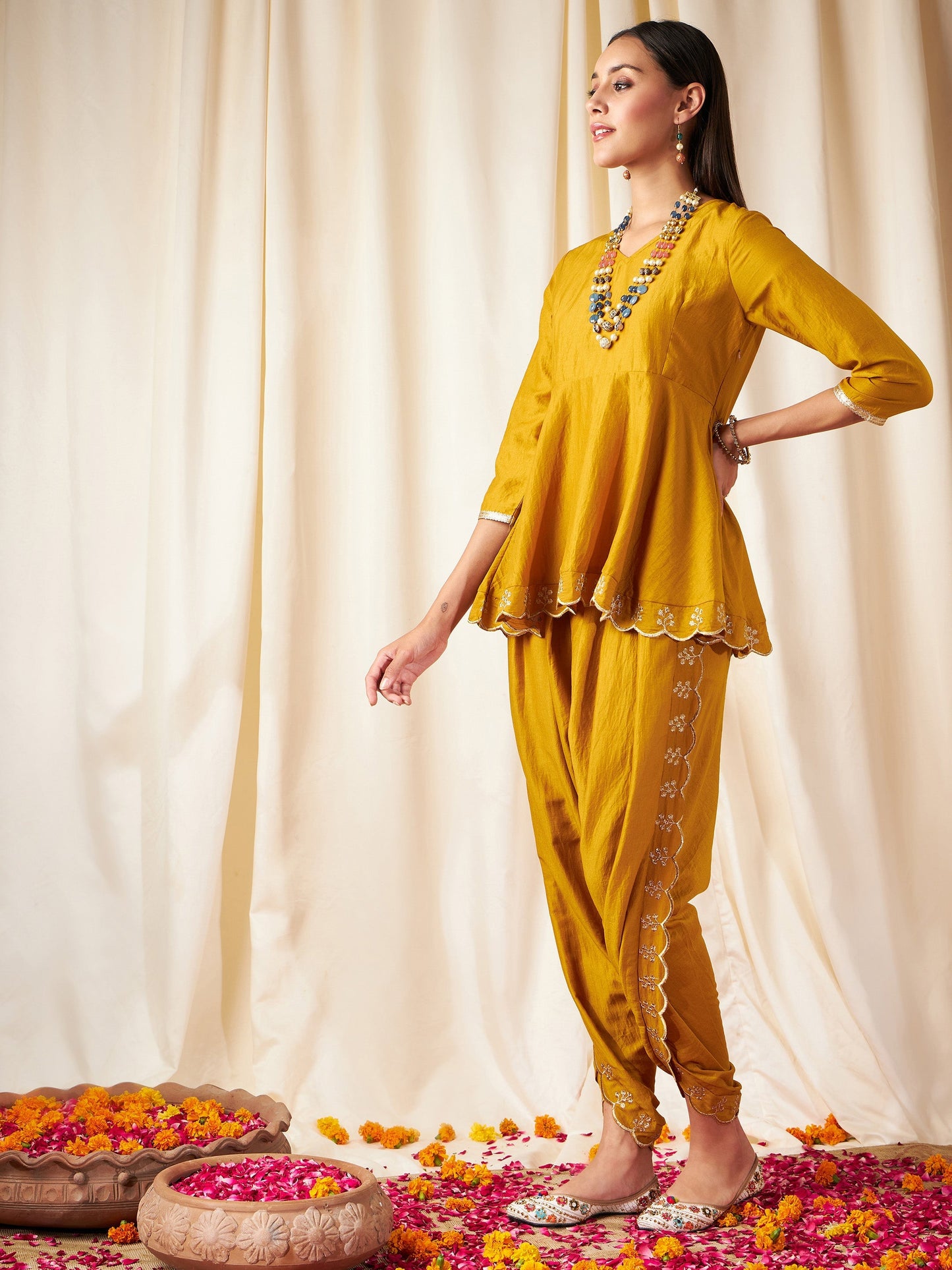 Mustard Zari Embroidered Peplum Top With Dhoti Pants-Shae by SASSAFRAS
