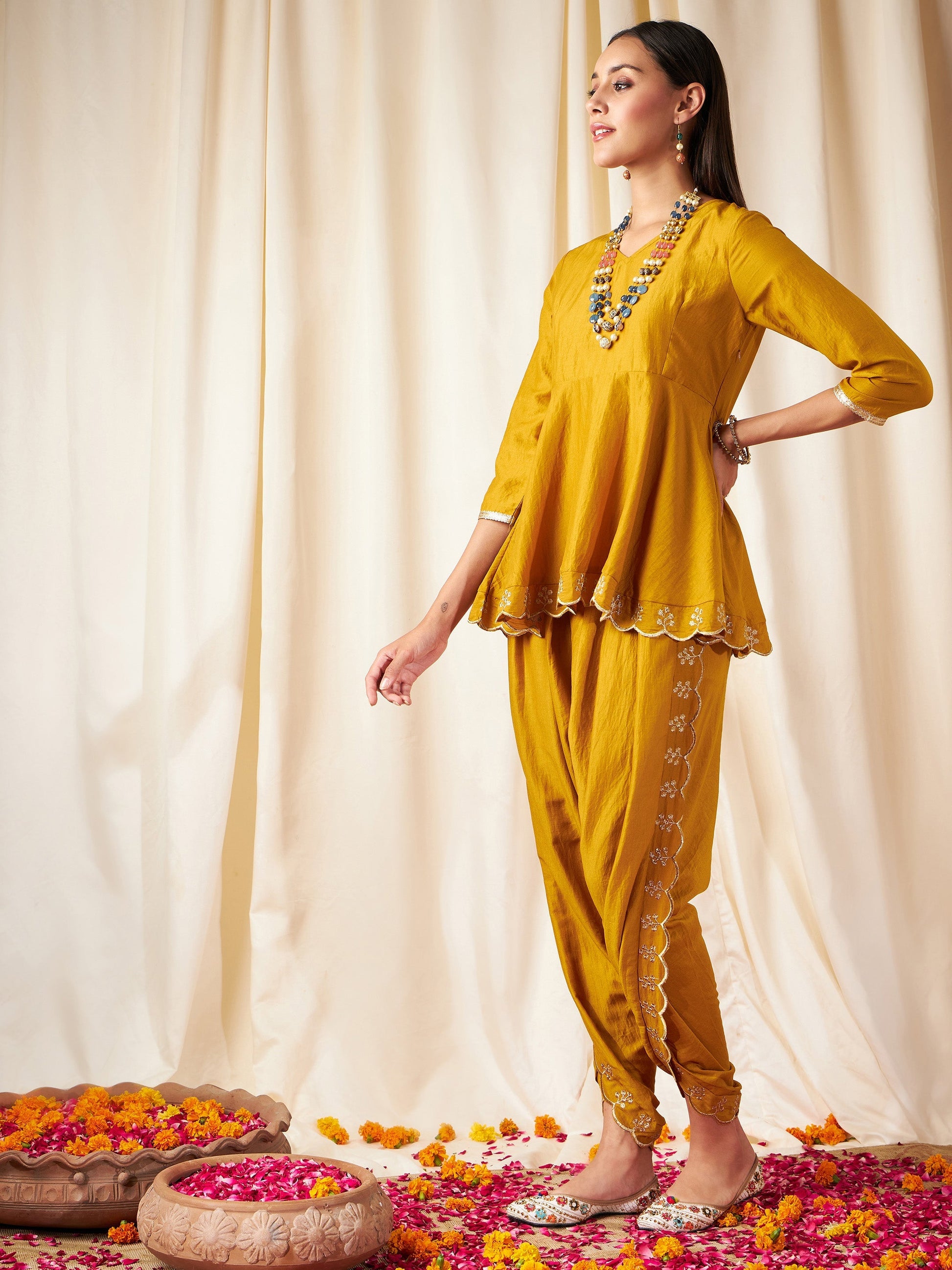 Mustard Zari Embroidered Peplum Top With Dhoti Pants-Shae by SASSAFRAS