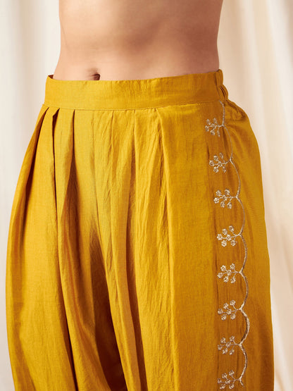 Mustard Zari Embroidered Peplum Top With Dhoti Pants-Shae by SASSAFRAS
