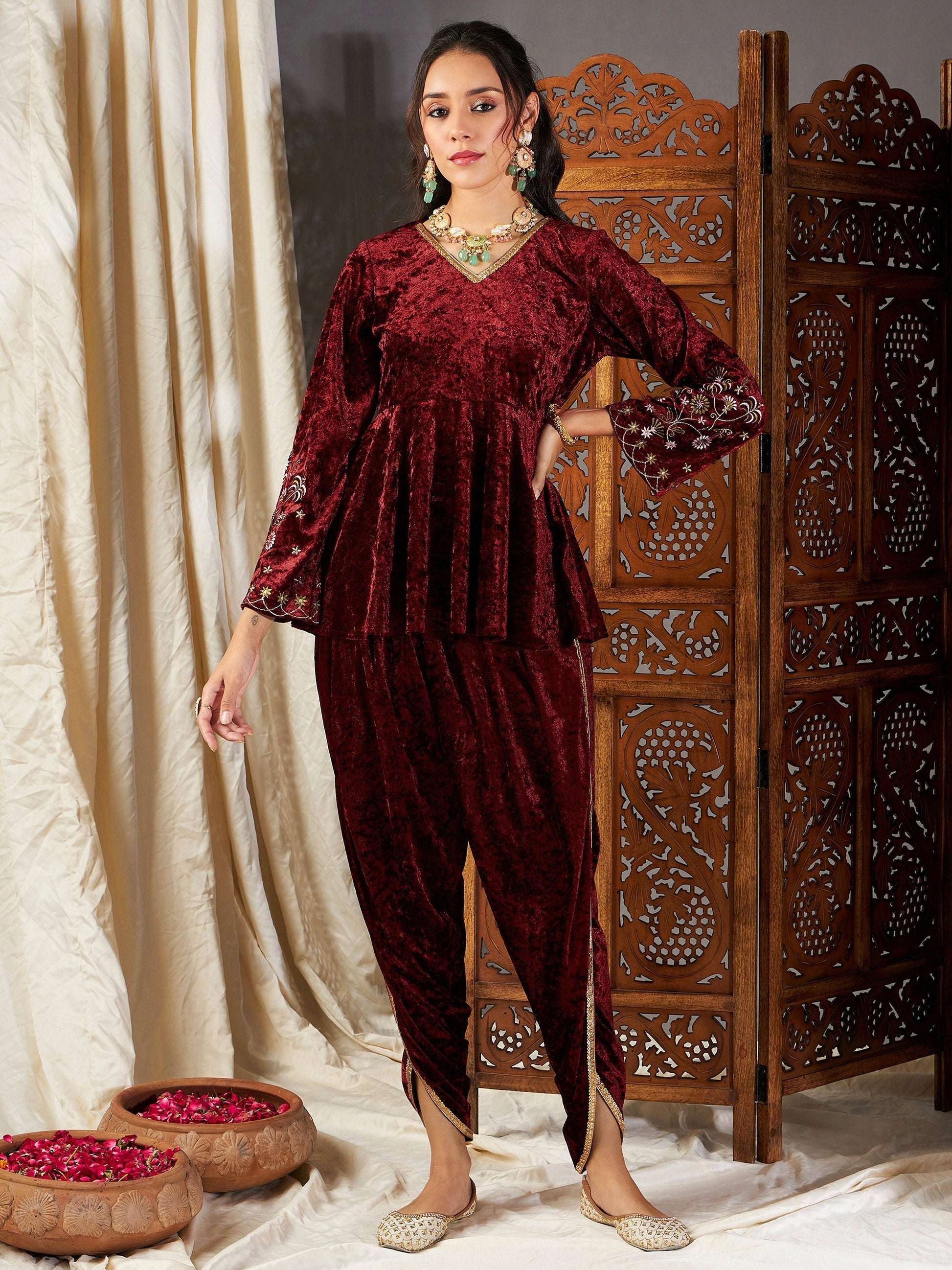 Maroon Velvet Embroidered Peplum Kurta With Dhoti Pants-Shae by SASSAFRAS