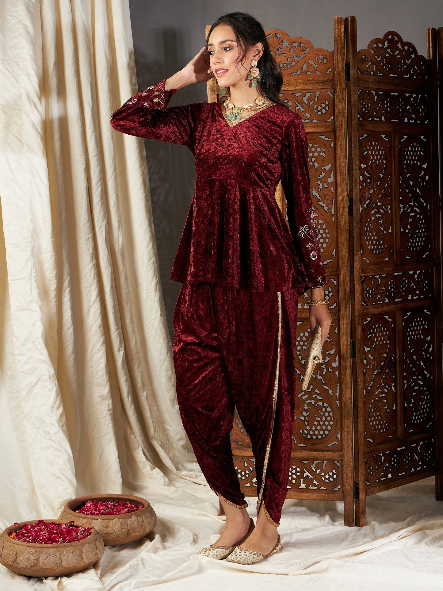 Maroon Velvet Embroidered Peplum Kurta With Dhoti Pants-Shae by SASSAFRAS