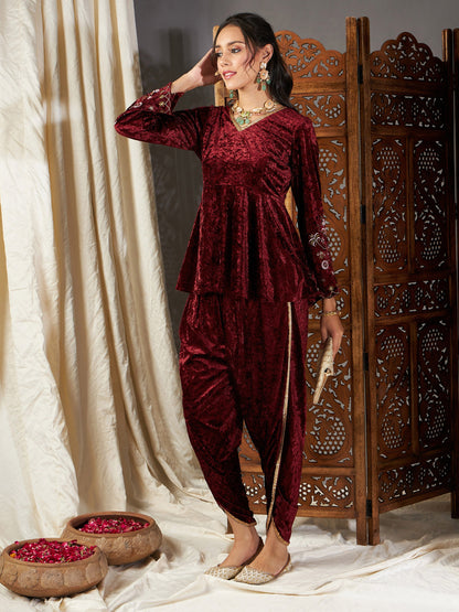 Maroon Velvet Embroidered Peplum Kurta With Dhoti Pants-Shae by SASSAFRAS