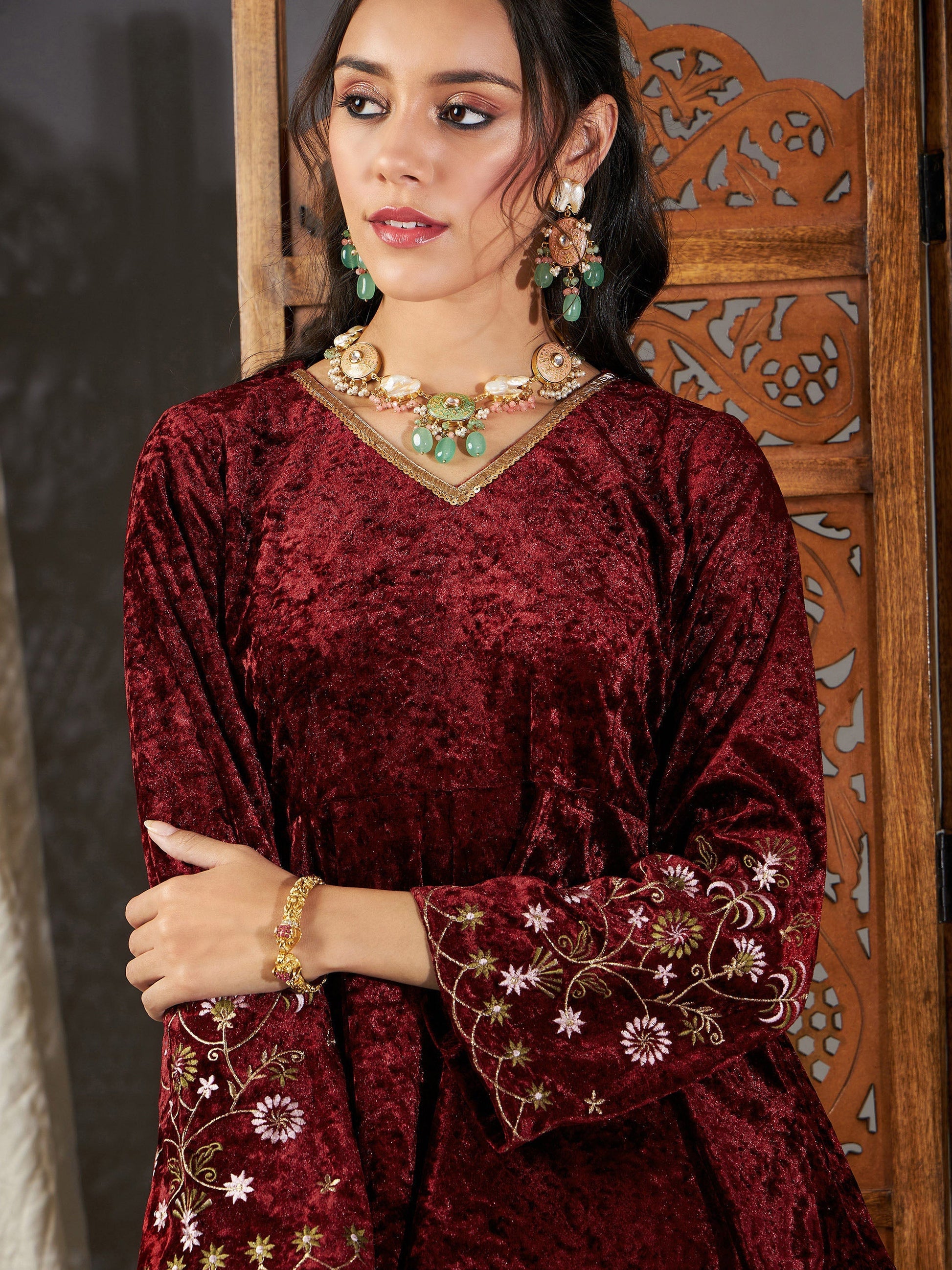 Maroon Velvet Embroidered Peplum Kurta With Dhoti Pants-Shae by SASSAFRAS