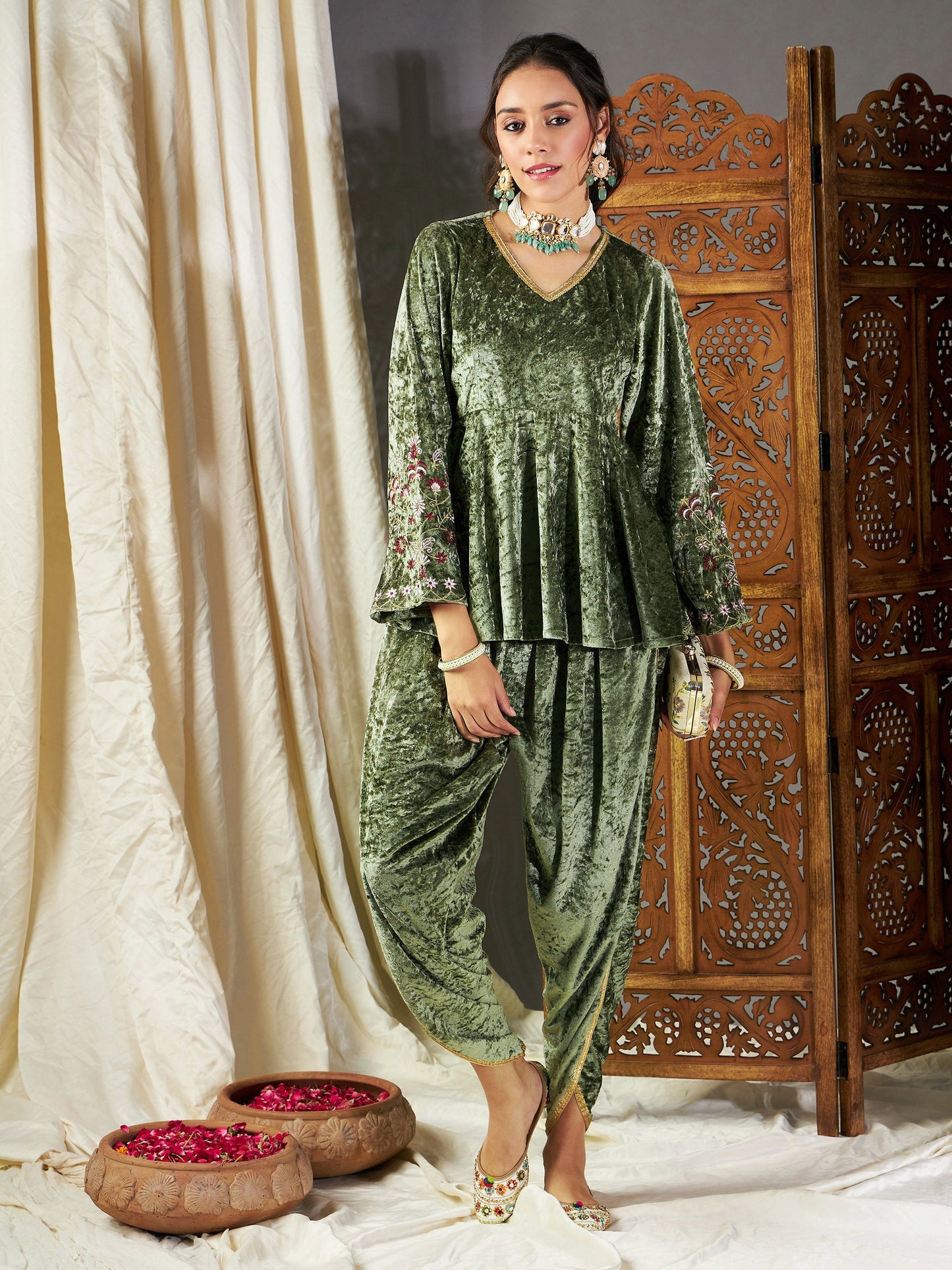 Olive Velvet Embroidered Peplum Kurta With Dhoti Pants