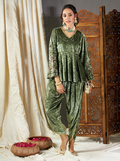 Olive Velvet Embroidered Peplum Kurta With Dhoti Pants