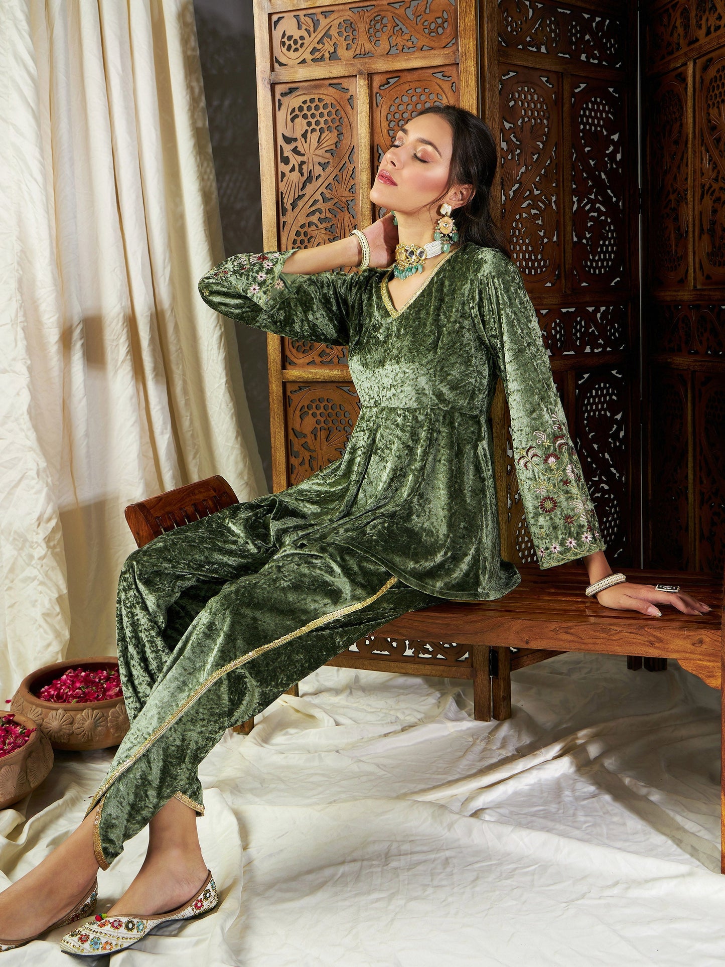 Olive Velvet Embroidered Peplum Kurta With Dhoti Pants