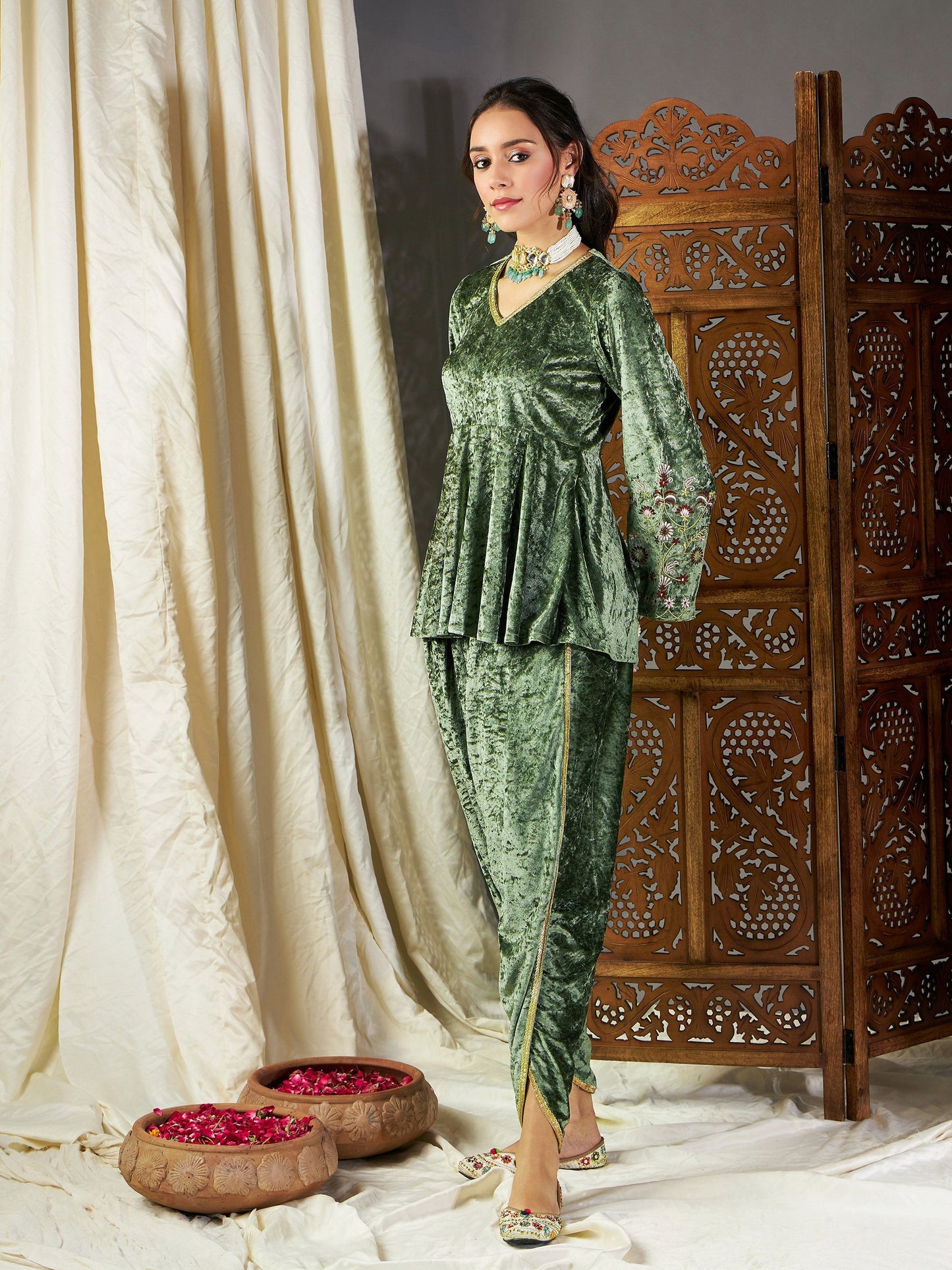 Olive Velvet Embroidered Peplum Kurta With Dhoti Pants