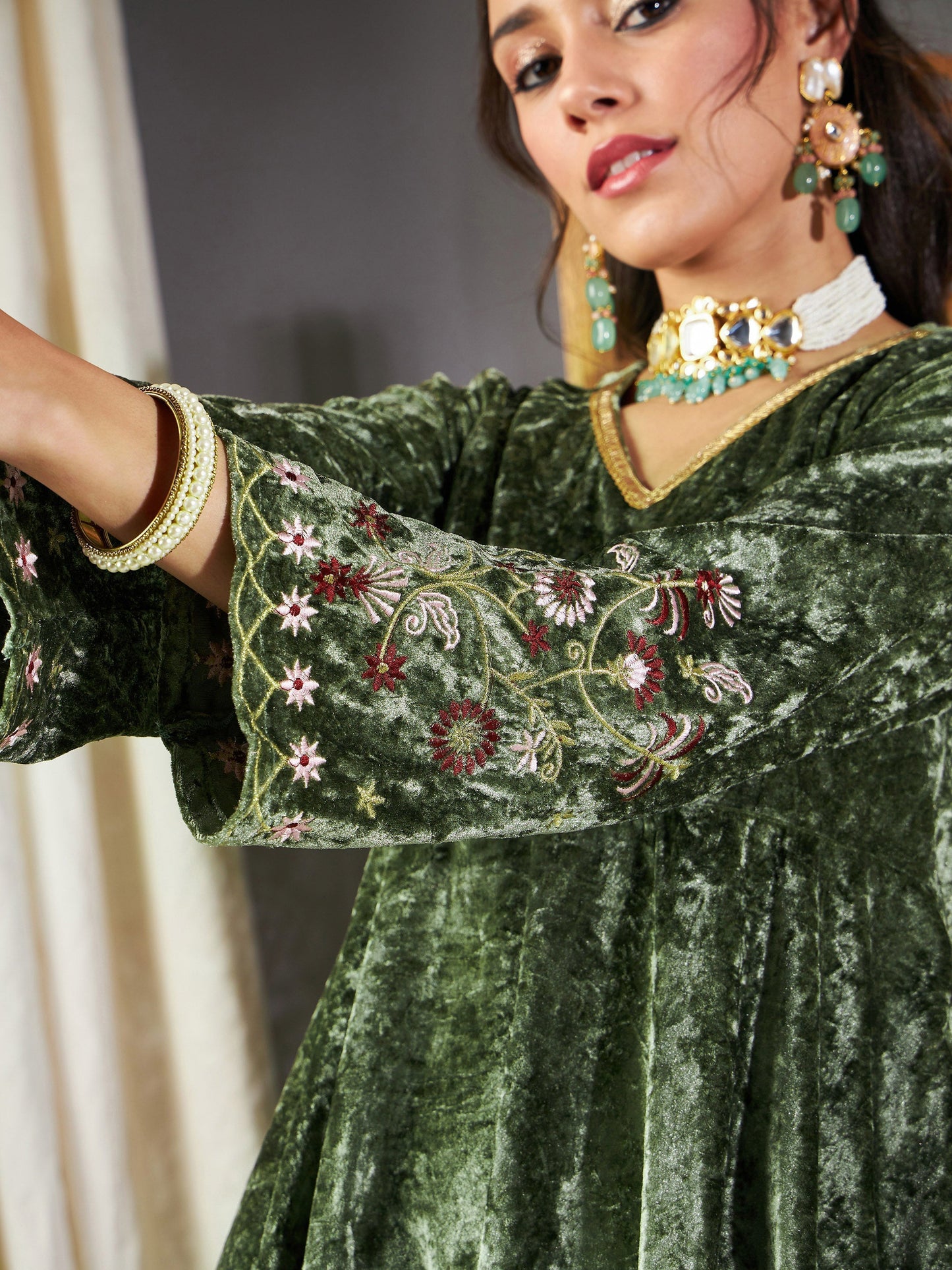 Olive Velvet Embroidered Peplum Kurta With Dhoti Pants