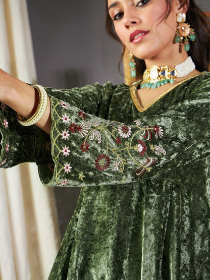 Olive Velvet Embroidered Peplum Kurta With Dhoti Pants
