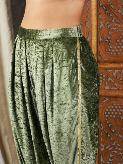 Olive Velvet Embroidered Peplum Kurta With Dhoti Pants