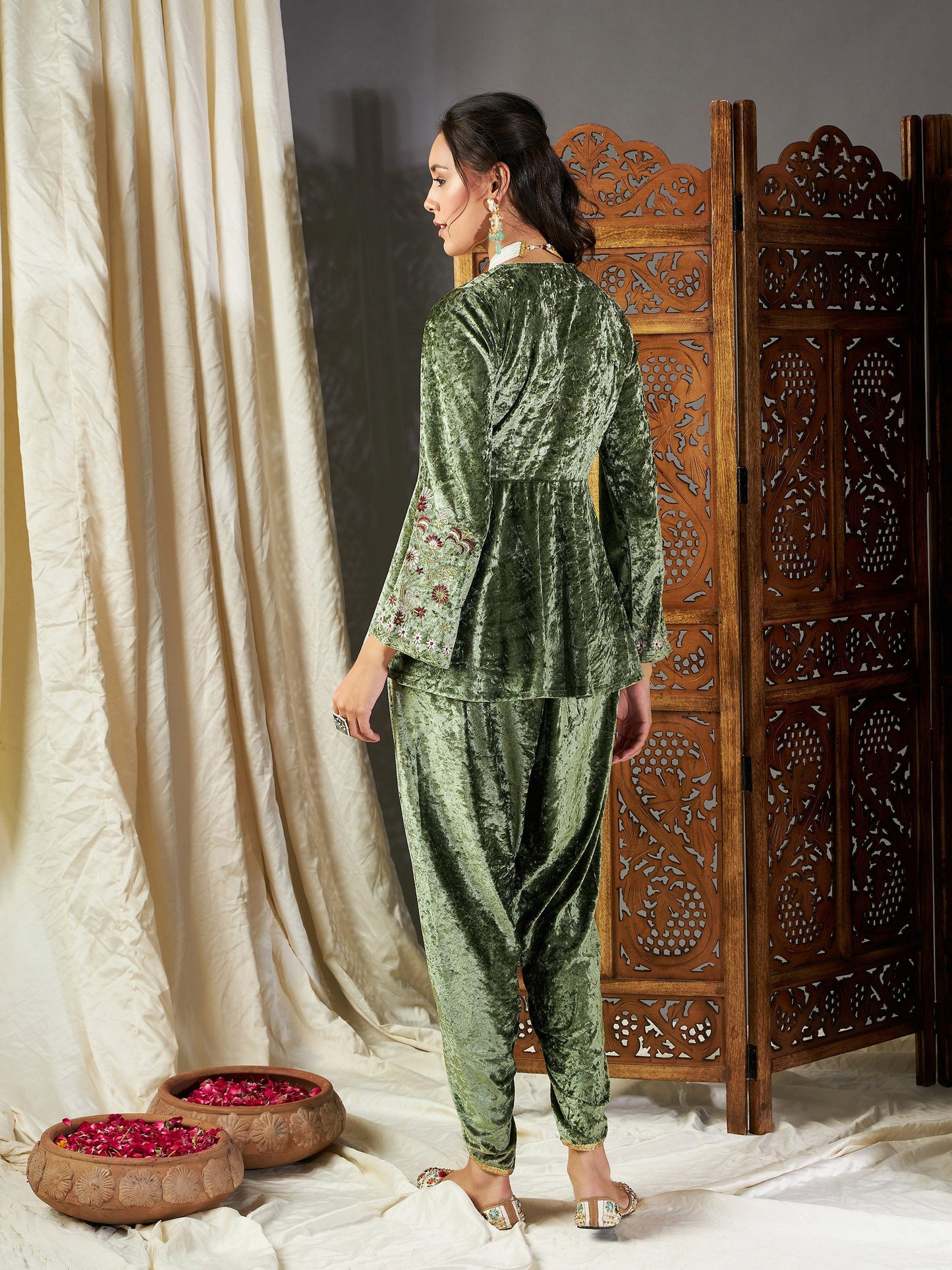 Olive Velvet Embroidered Peplum Kurta With Dhoti Pants