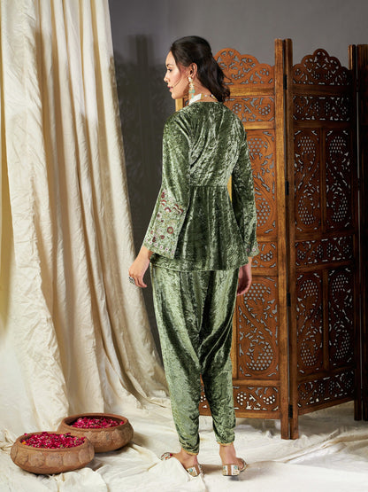 Olive Velvet Embroidered Peplum Kurta With Dhoti Pants