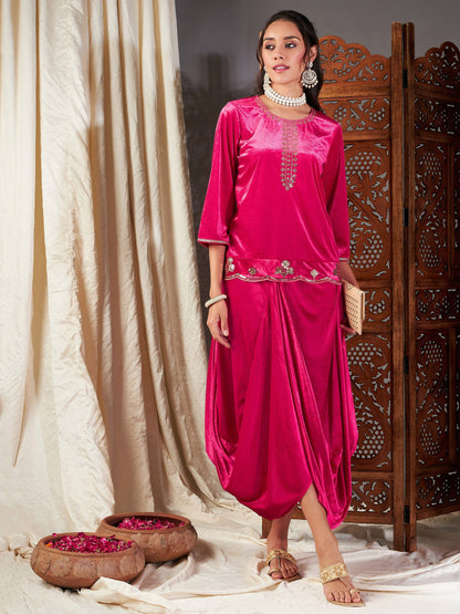 Fuchsia Velvet Embroidered Short Kurta With Dhoti Skirt