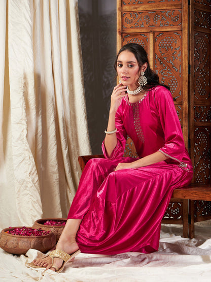 Fuchsia Velvet Embroidered Short Kurta With Dhoti Skirt