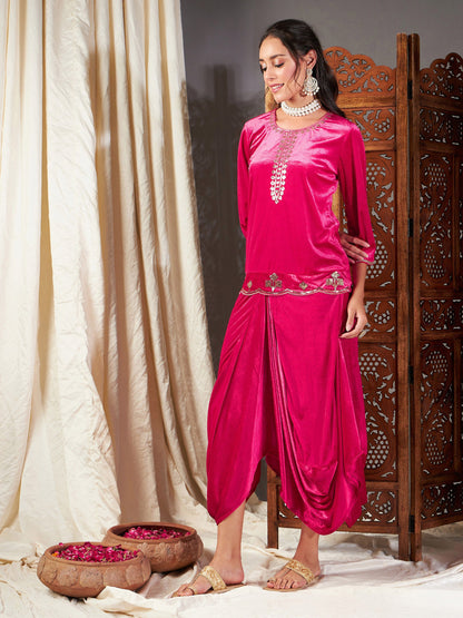 Fuchsia Velvet Embroidered Short Kurta With Dhoti Skirt