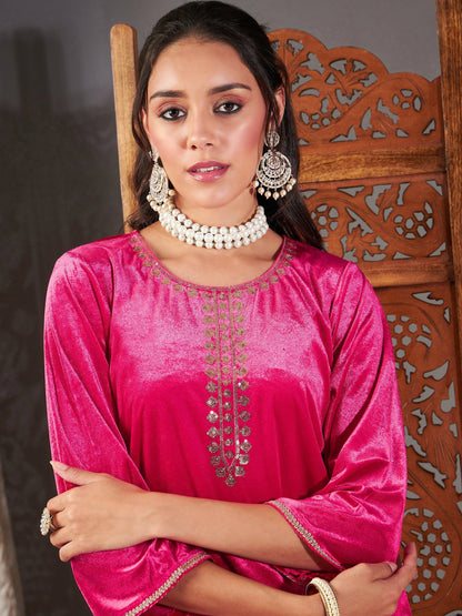 Fuchsia Velvet Embroidered Short Kurta With Dhoti Skirt