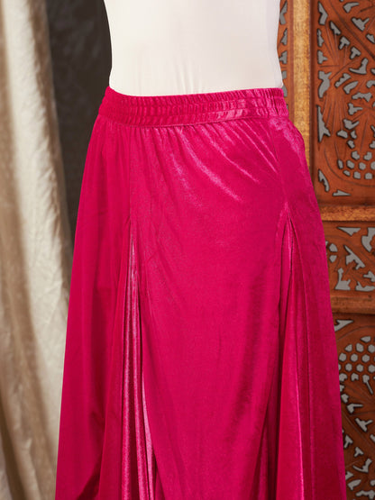 Fuchsia Velvet Embroidered Short Kurta With Dhoti Skirt