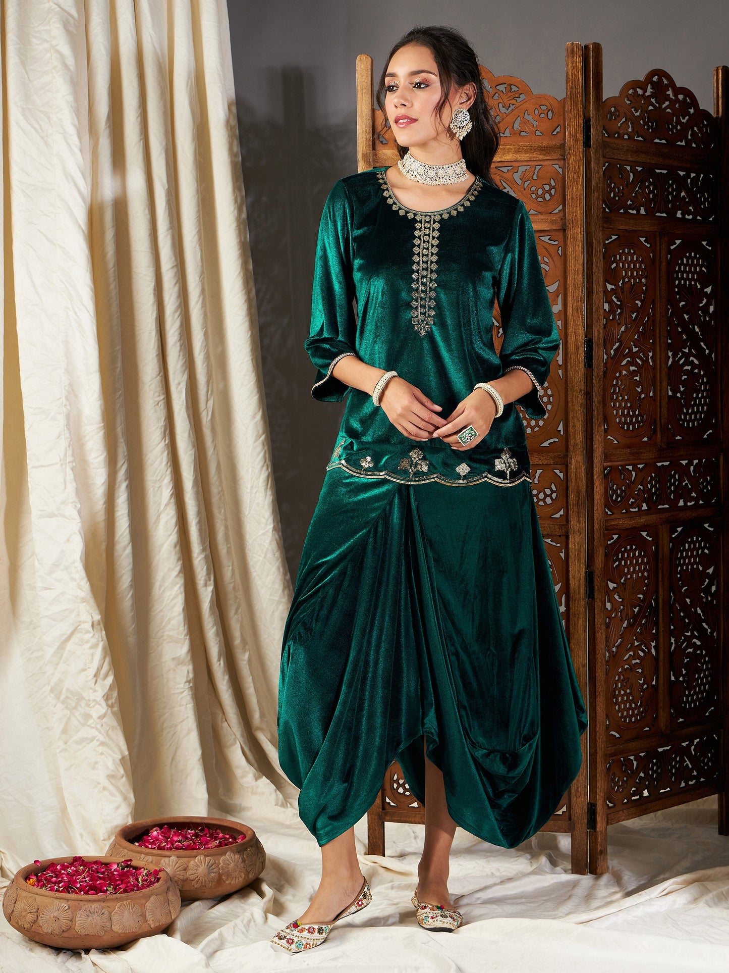 Green Velvet Embroidered Short Kurta With Dhoti Skirt
