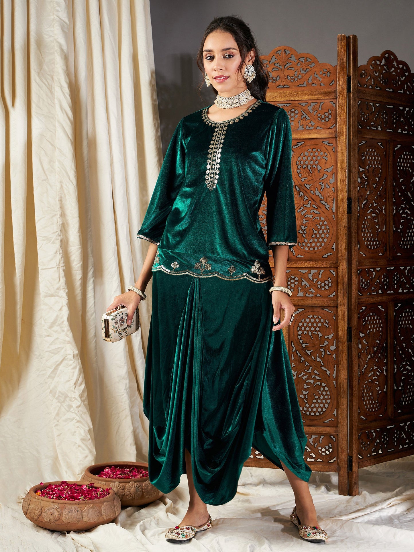 Green Velvet Embroidered Short Kurta With Dhoti Skirt
