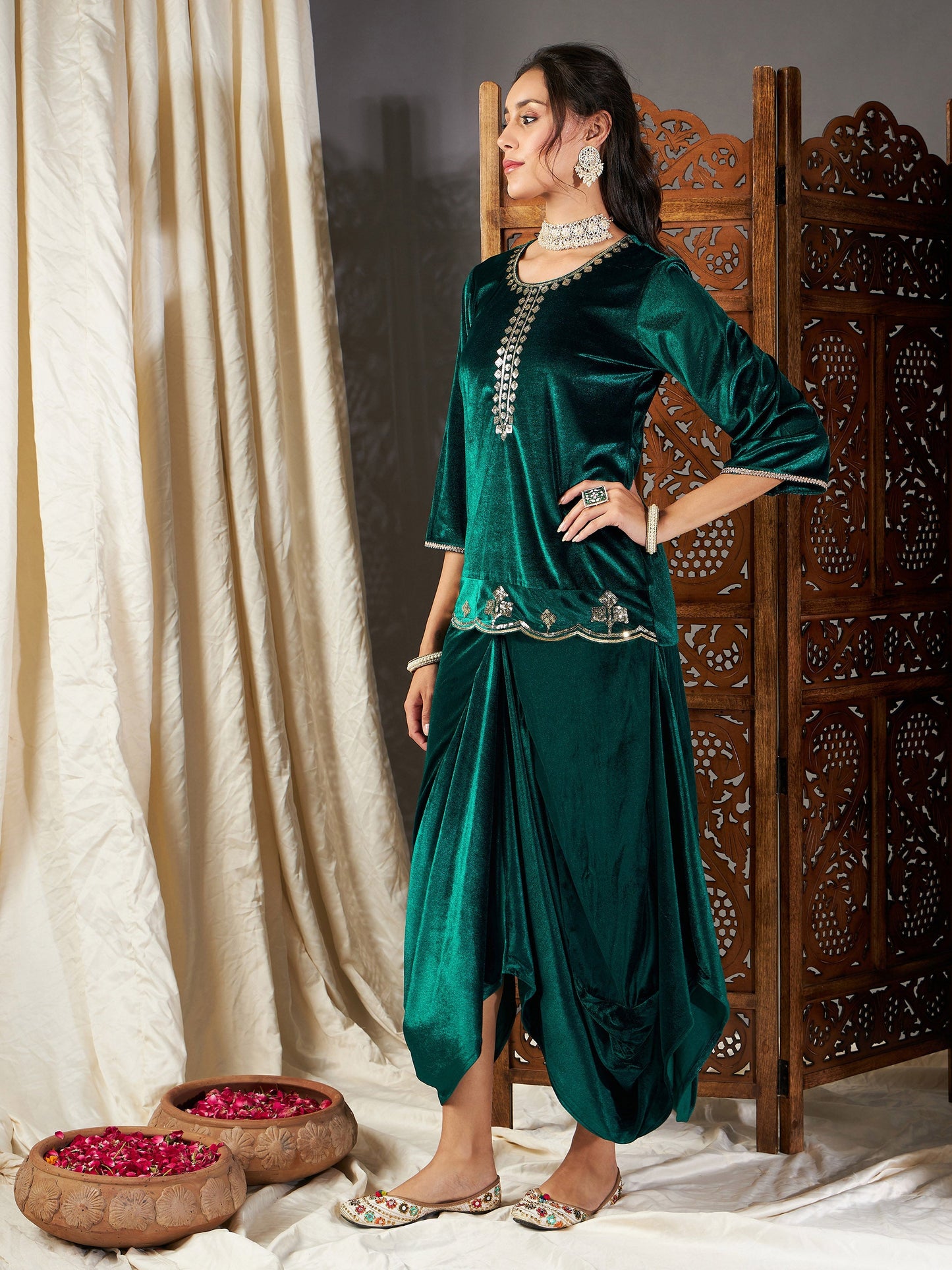 Green Velvet Embroidered Short Kurta With Dhoti Skirt