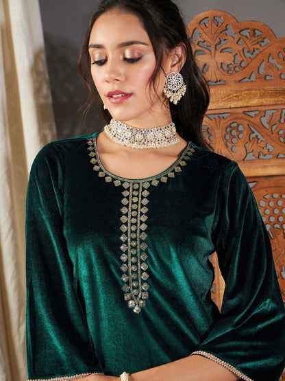 Green Velvet Embroidered Short Kurta With Dhoti Skirt
