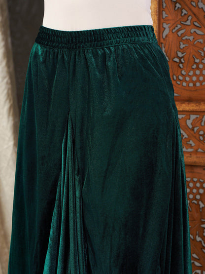 Green Velvet Embroidered Short Kurta With Dhoti Skirt