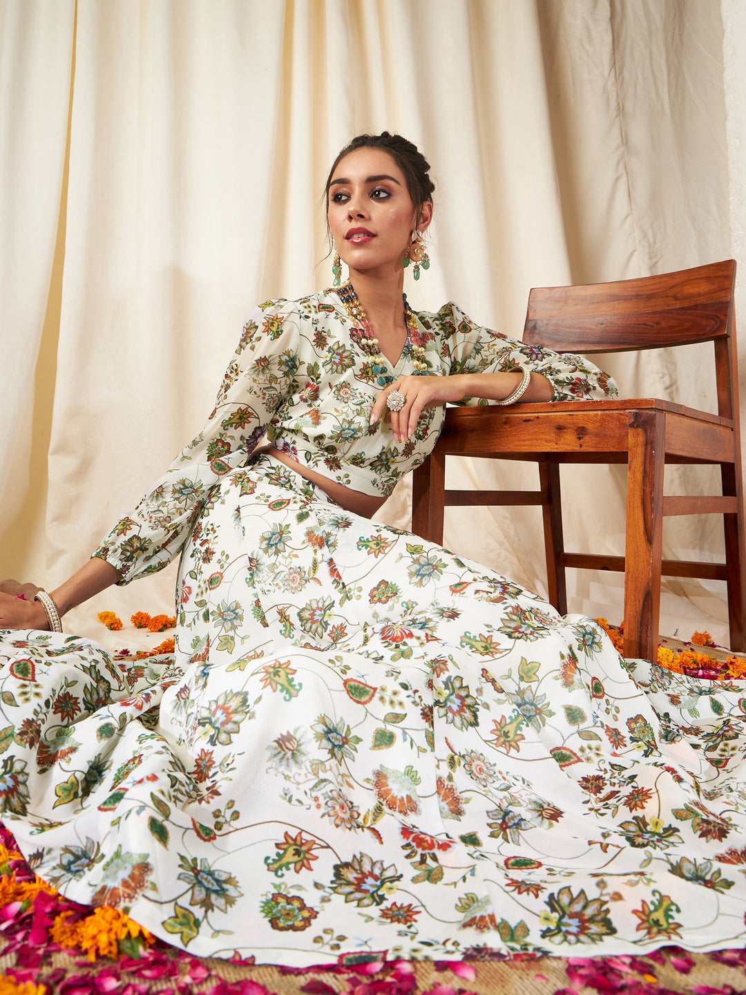 Women's Women Beige Floral Wrap Top With Anarkali Skirt in Georgette by Shae for wholesale, bulk, supplier, manufacturer and wholesaler buyers from Trendphoria