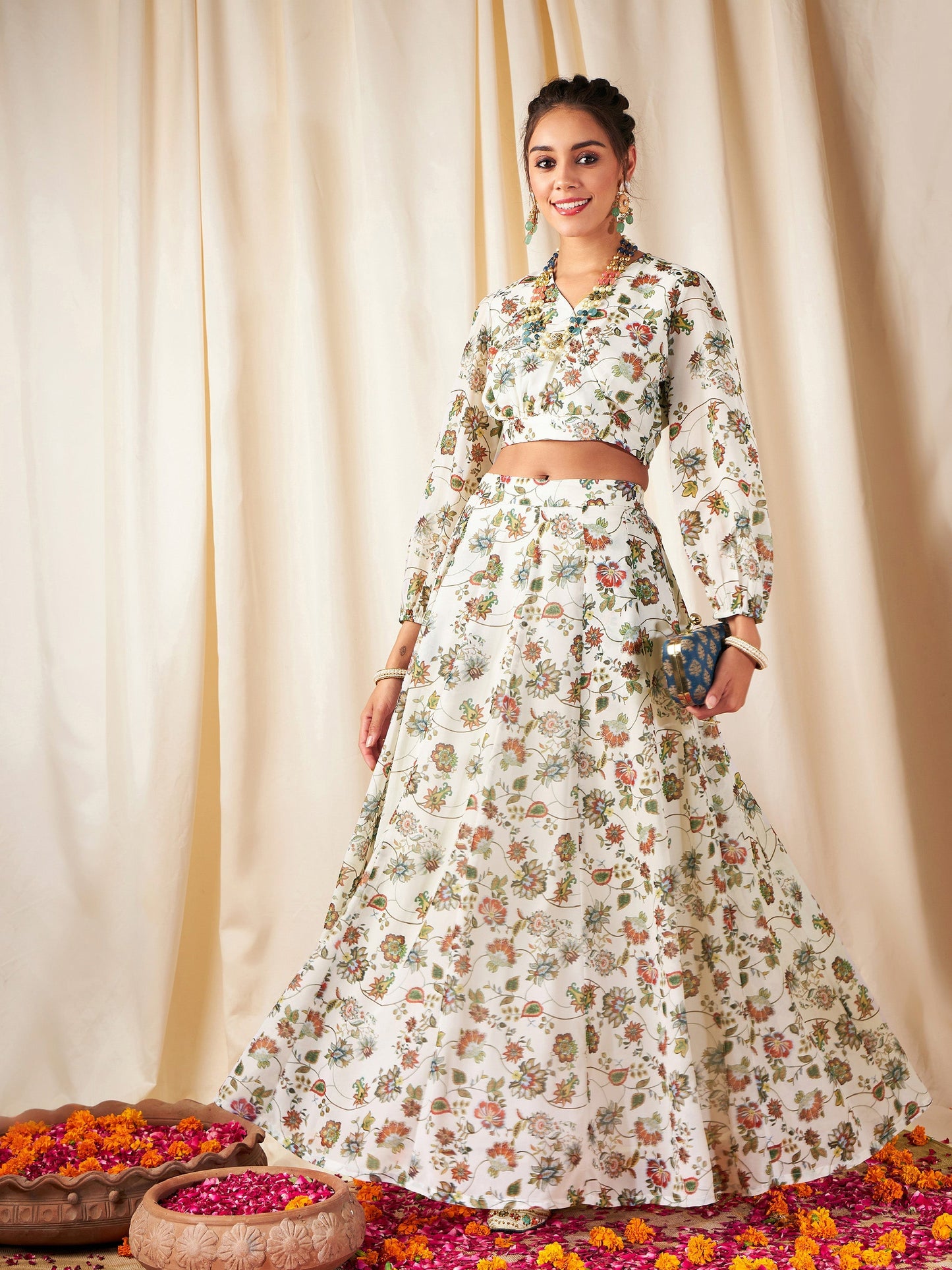 Beige Floral Wrap Top With Anarkali Skirt-Shae by SASSAFRAS